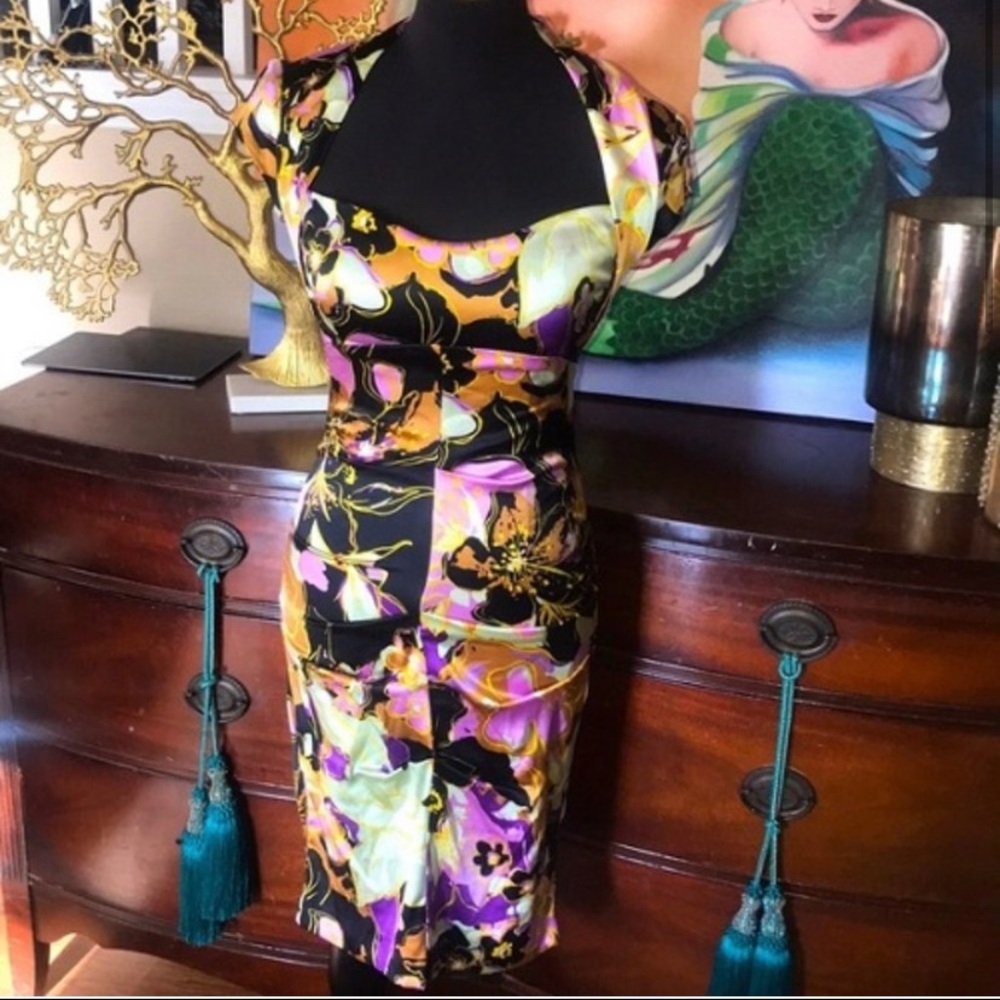 Cache Y2K Silk Ruched Sweetheart Neck Dress